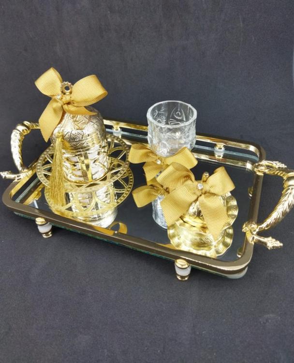 Ayna Detayına Sahip Gold Renk Söz - Nişan Kahve Tepsisi