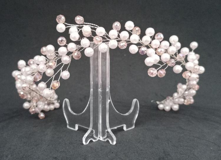 Beyaz İnci Ve Pembe Kristallerden Oluşan Gelin Tacı 