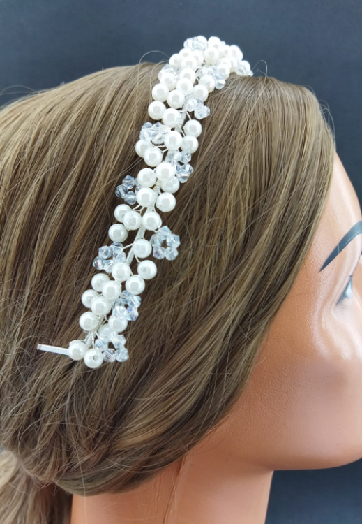 Beyaz İnci Ve Seffaf Kristalli Gelin Tacı