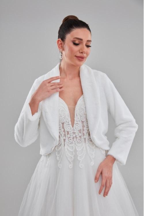 Çift Yaka Beyaz Renk Gelin Etol Kürk Bolero