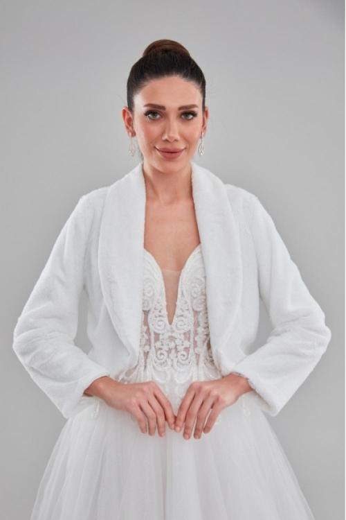 Çift Yaka Beyaz Renk Gelin Etol Kürk Bolero