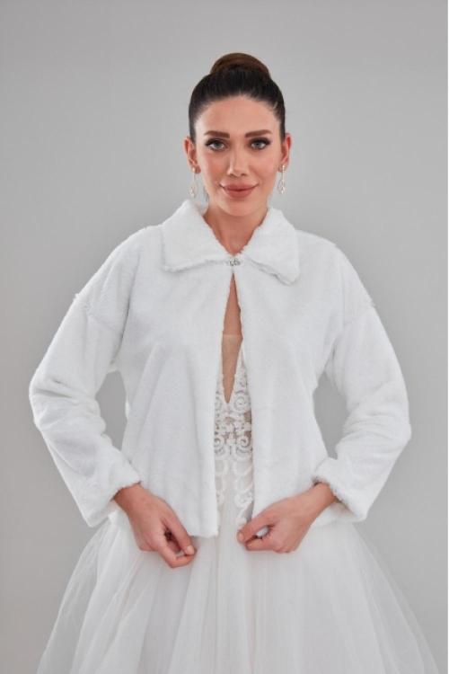 Çift Yaka Uzun Kol Beyaz Gelin Etol Kürk Bolero