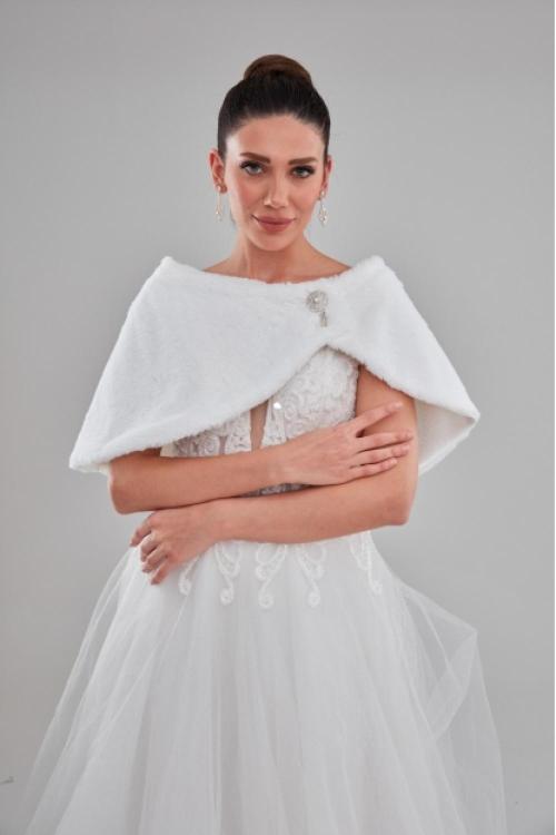 Kısa Beyaz Broş Detaylı Gelin Etol Kürk Bolero