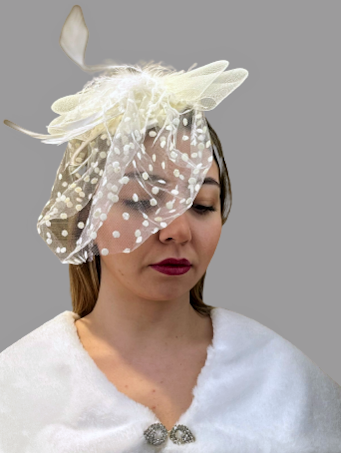 Krem Tonlarda File Tüy ve Süs Detaylı Vualet Şapka Nikah Kepi 