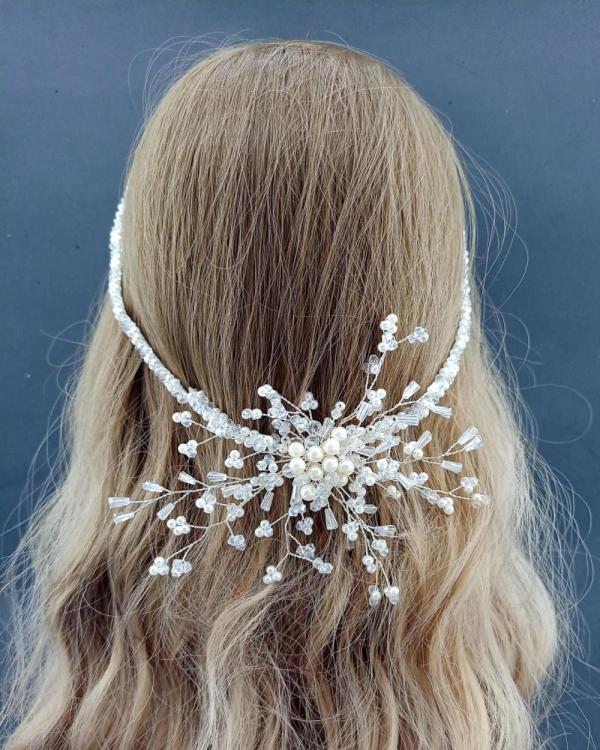 Kristal Taşlardan Oluşan İnci Detaylı Helenistik Gelin Tacı 