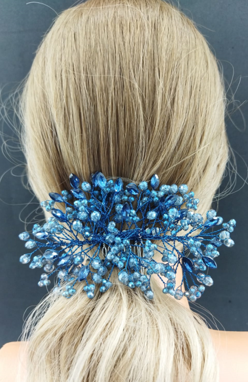 Mavi Tonları Kristallerle Süslenmiş Gelin Tokası