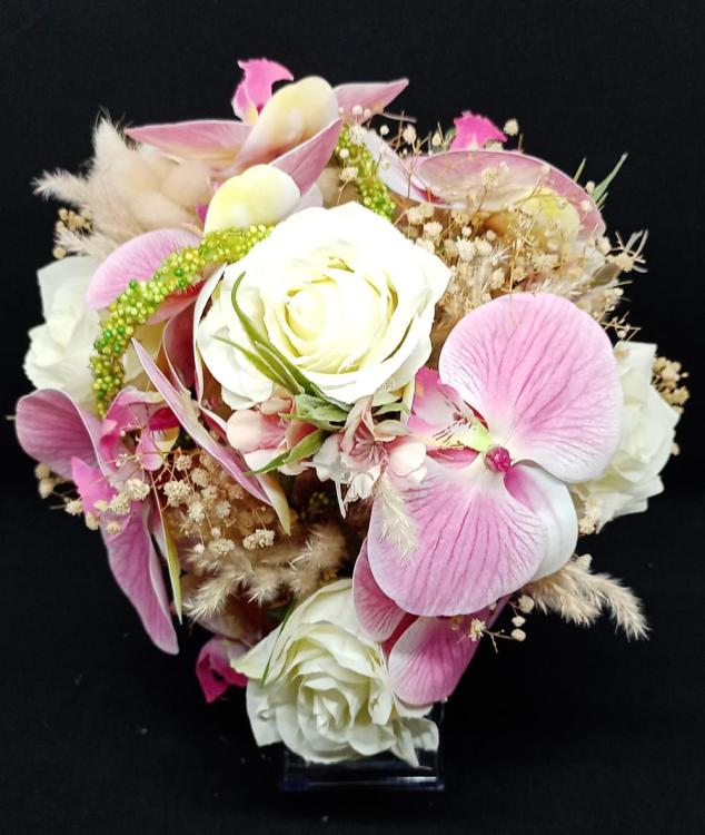 Pembe Orkide Ve Beyaz gül Detaylı Gelin Buketi 