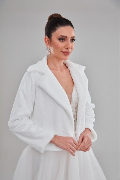 Uzun Beyaz Çift Yaka Gelin Etol Kürk Bolero