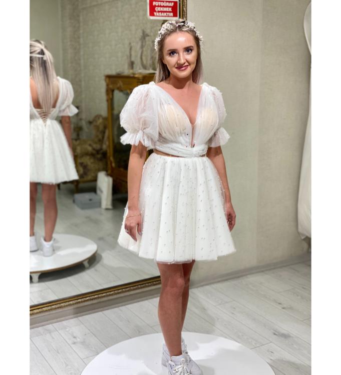 Drape Detaylı İnci İşlemeli After Parti Elbisesi