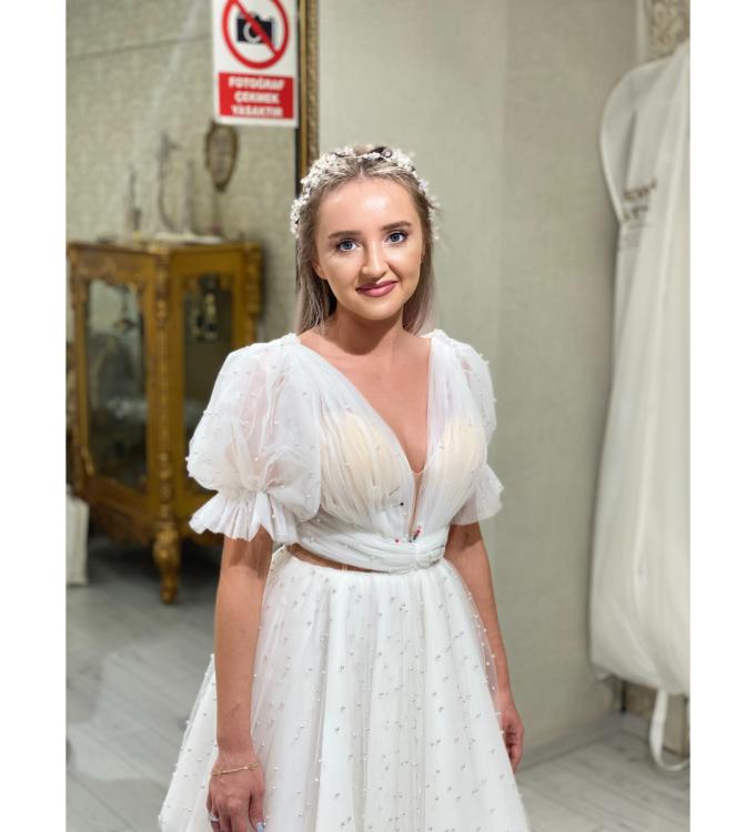 Drape Detaylı İnci İşlemeli After Parti Elbisesi